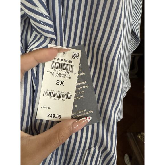 On 34th Women's Button-Front stripped Crepe Shirt Size 3X In Bijou Blue Combo. - Picture 14 of 14